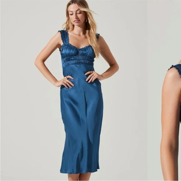 ASTR the Label Enola Satin Smocked Blue Midi Dress Wedding Bridal Baby Shower - Picture 1 of 6